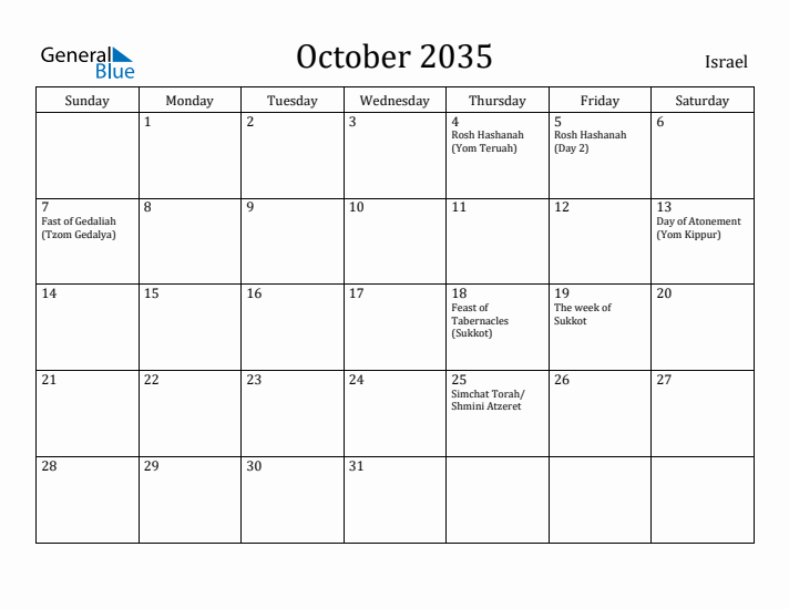 October 2035 Calendar Israel