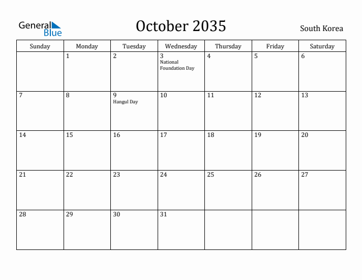 October 2035 Calendar South Korea