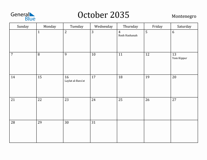 October 2035 Calendar Montenegro