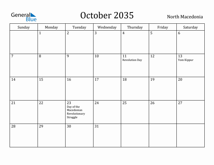 October 2035 Calendar North Macedonia