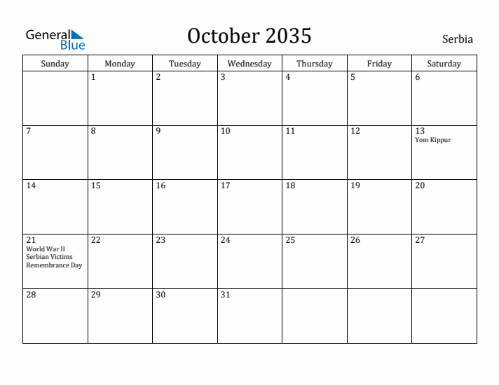 October 2035 Calendar Serbia