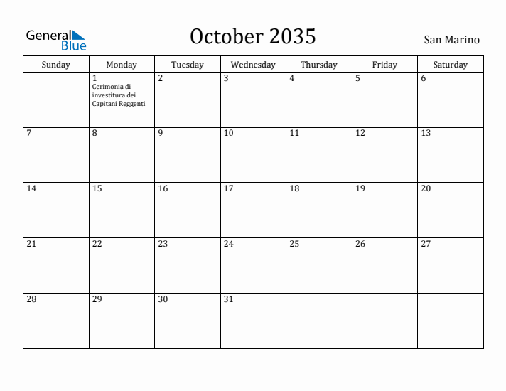 October 2035 Calendar San Marino