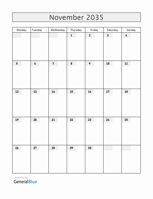 Blank November 2035 Calendar