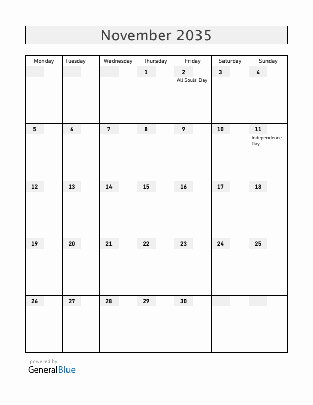 Angola November 2035 Calendar with Holidays