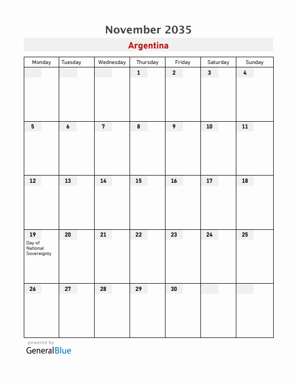 Argentina November 2035 Calendar with Holidays
