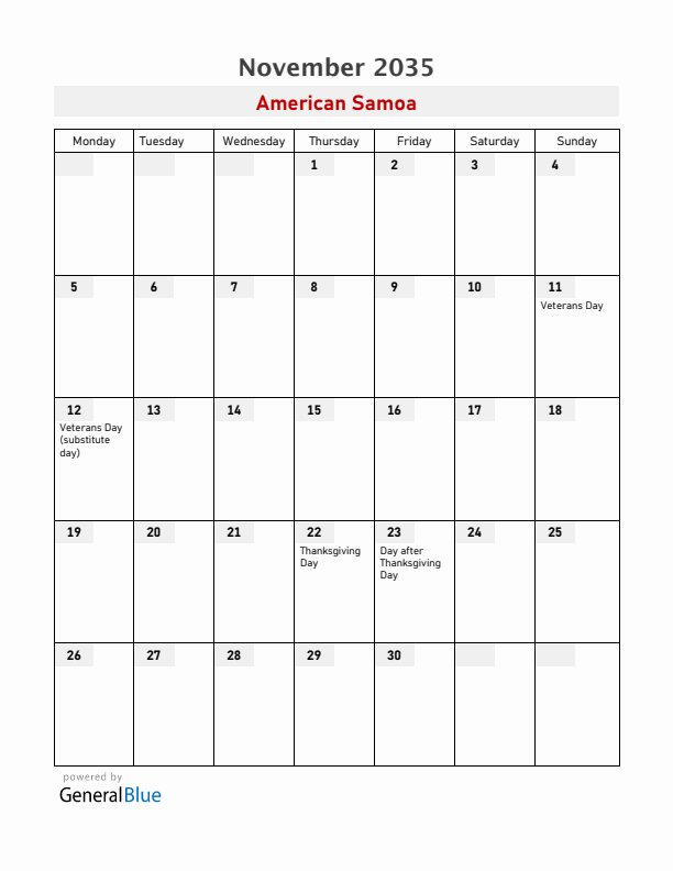 American Samoa November 2035 Calendar with Holidays