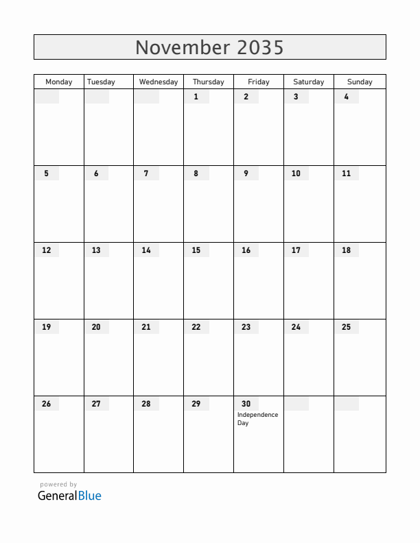 Barbados November 2035 Calendar with Holidays
