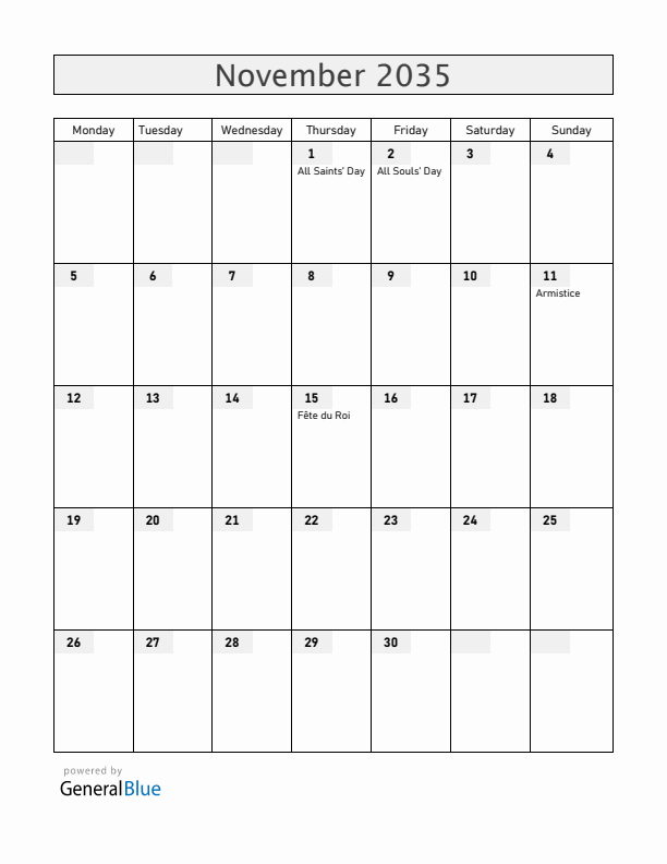 Belgium November 2035 Calendar with Holidays