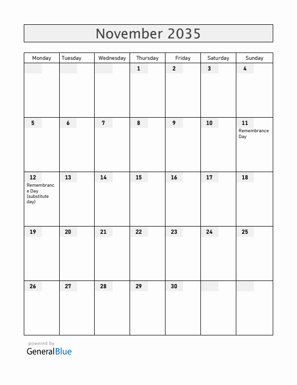 Bermuda November 2035 Calendar with Holidays
