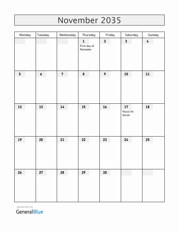Brunei November 2035 Calendar with Holidays