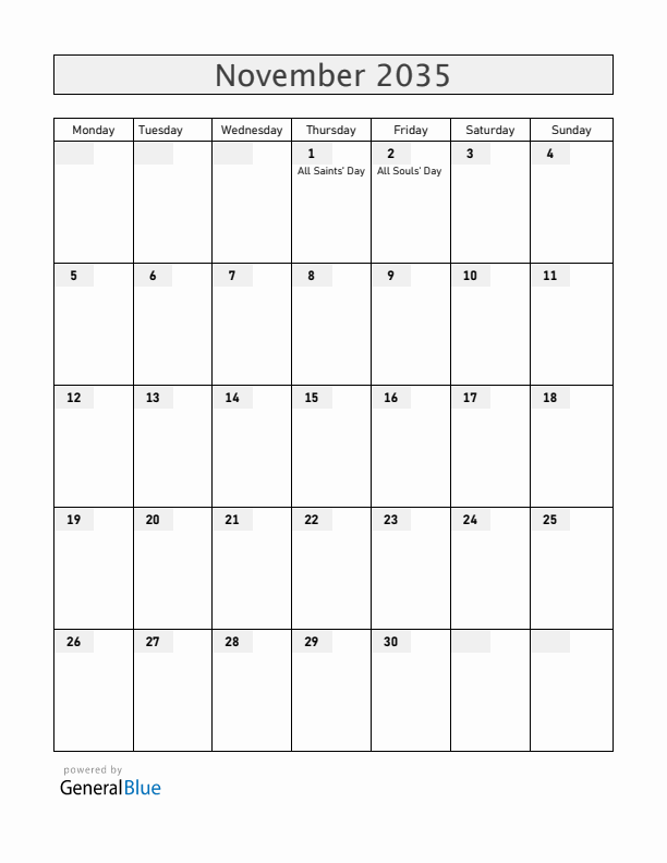 Bolivia November 2035 Calendar with Holidays