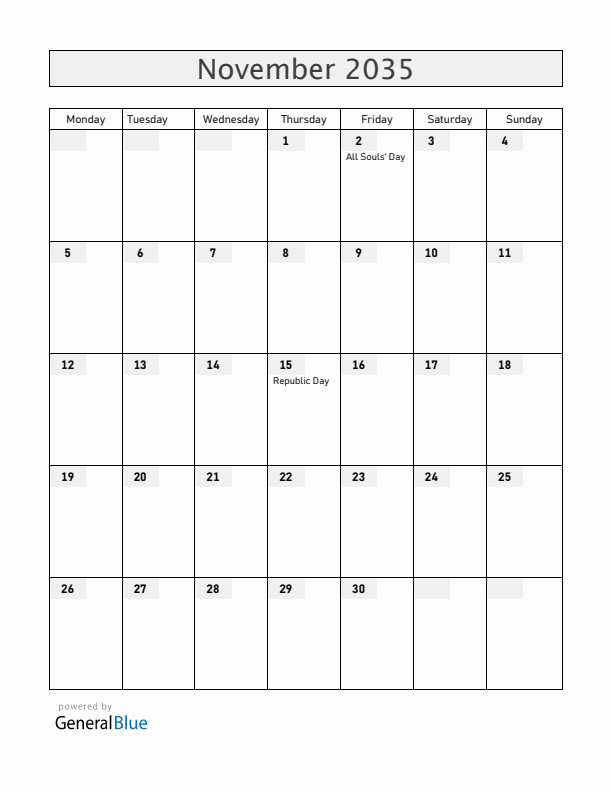 Brazil November 2035 Calendar with Holidays