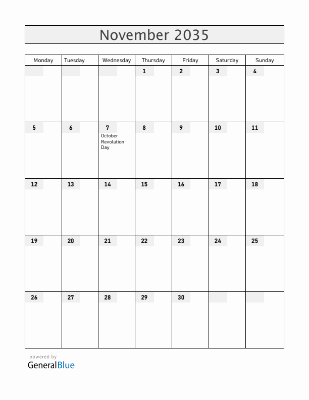 Belarus November 2035 Calendar with Holidays