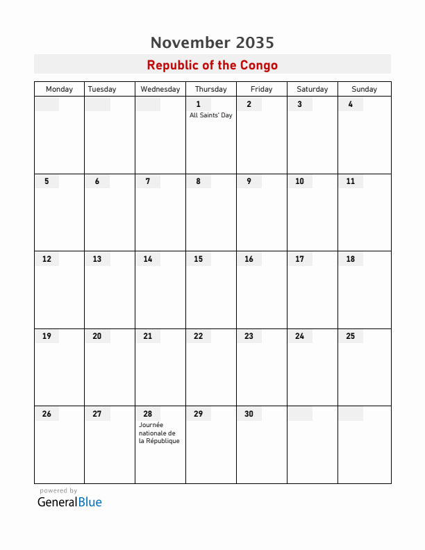 Republic of the Congo November 2035 Calendar with Holidays