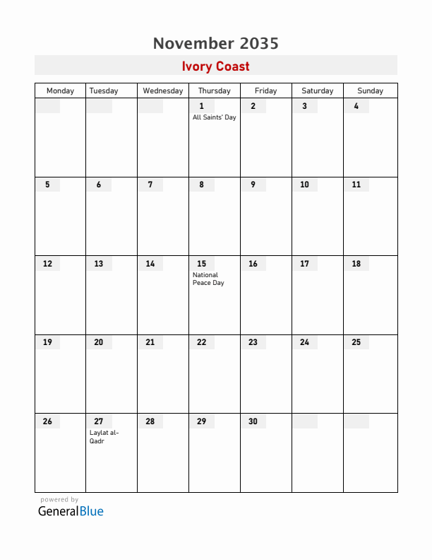 Ivory Coast November 2035 Calendar with Holidays