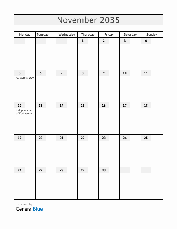 Colombia November 2035 Calendar with Holidays