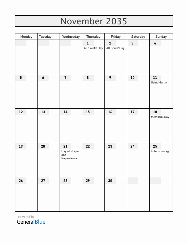 Germany November 2035 Calendar with Holidays