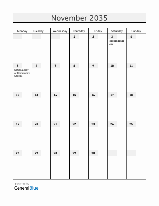 Dominica November 2035 Calendar with Holidays