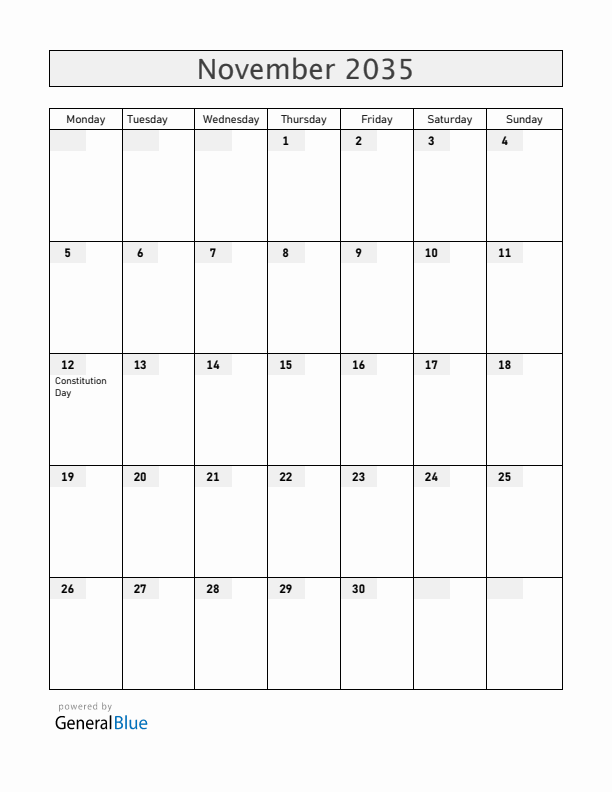 Dominican Republic November 2035 Calendar with Holidays