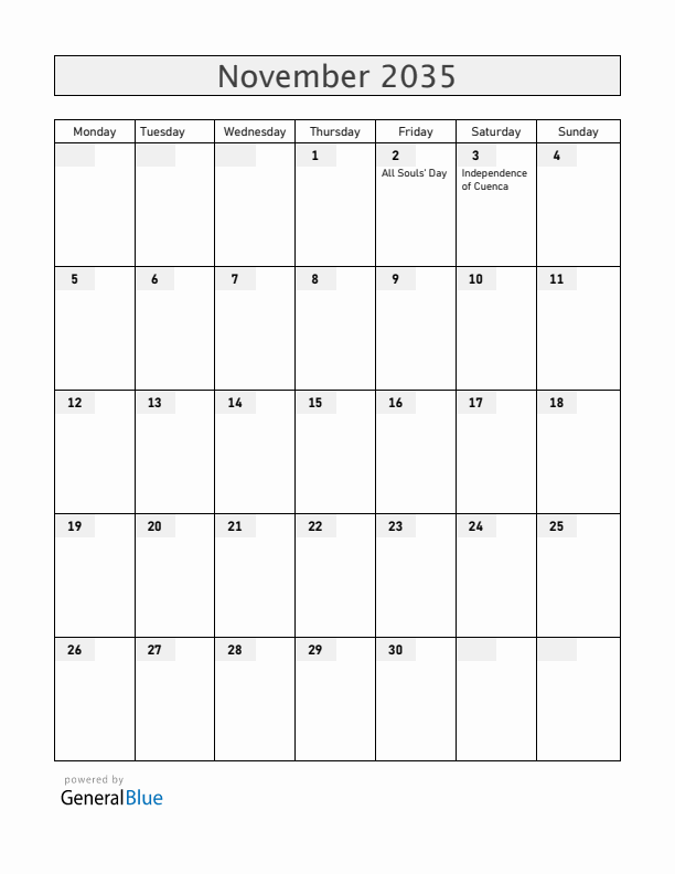 Ecuador November 2035 Calendar with Holidays