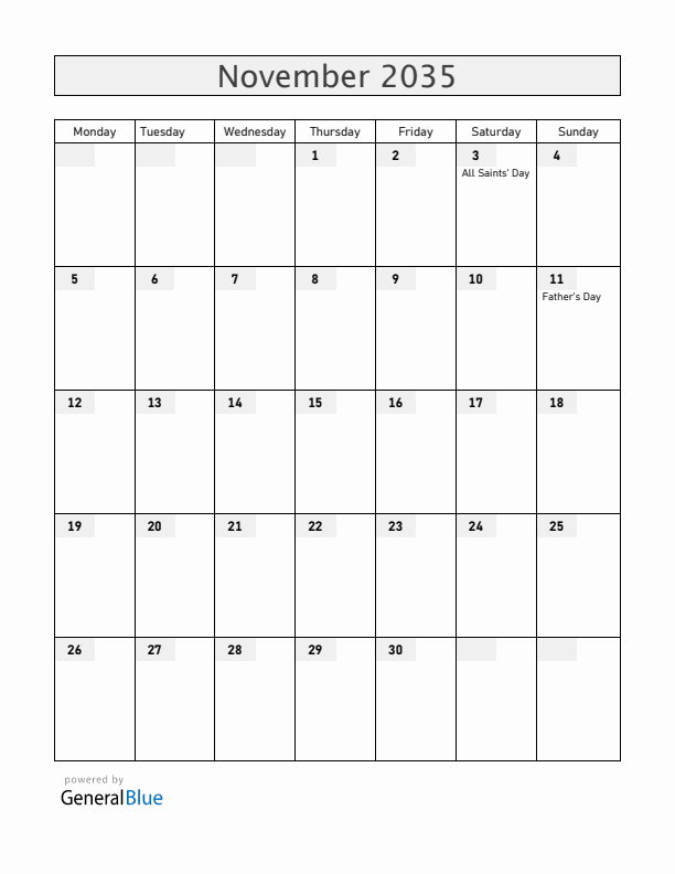 Finland November 2035 Calendar with Holidays