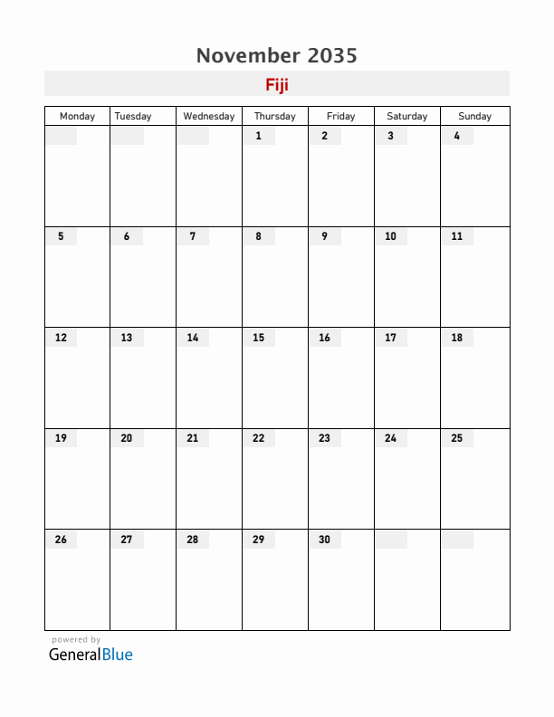 Fiji November 2035 Calendar with Holidays