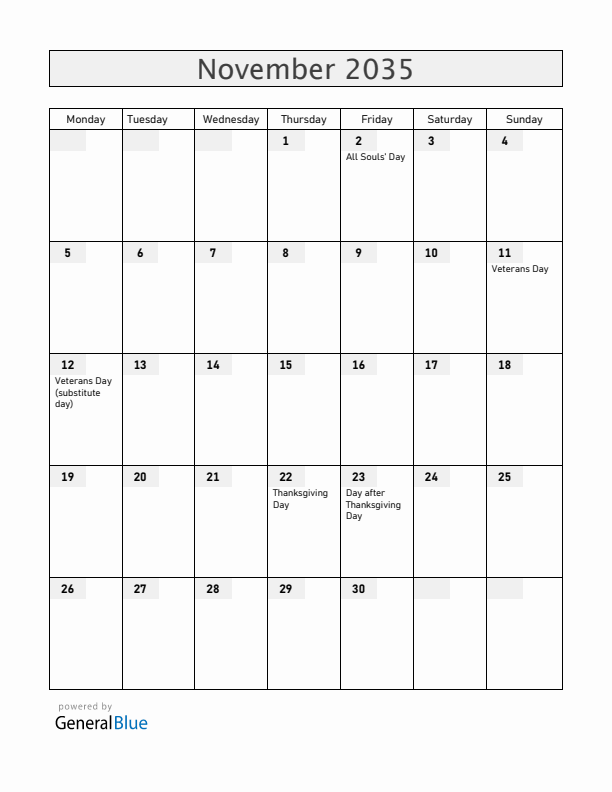 Guam November 2035 Calendar with Holidays