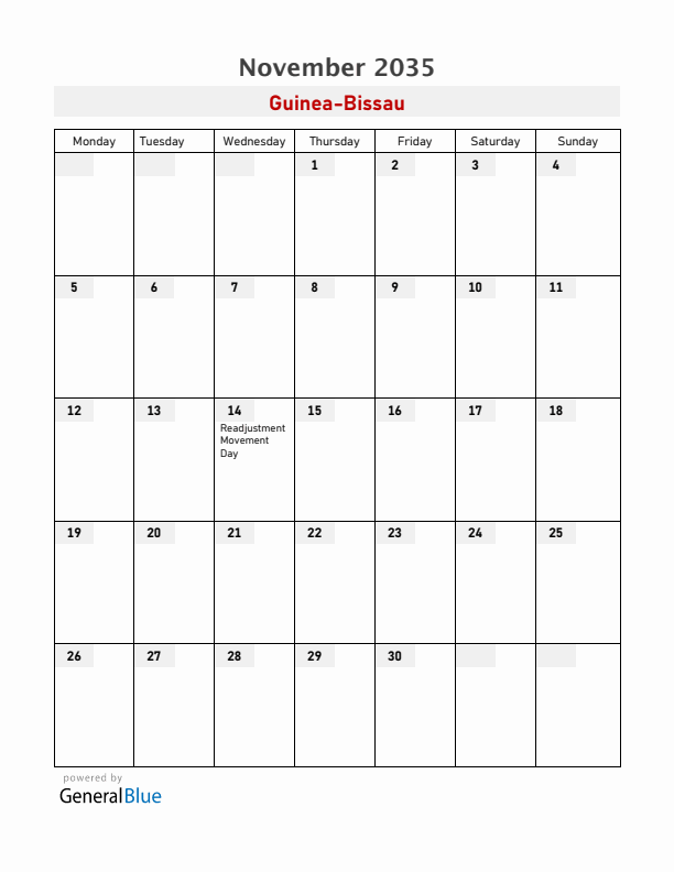 Guinea-Bissau November 2035 Calendar with Holidays