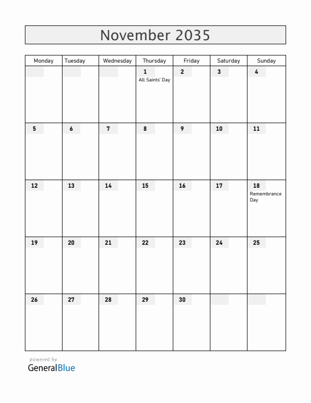 Croatia November 2035 Calendar with Holidays