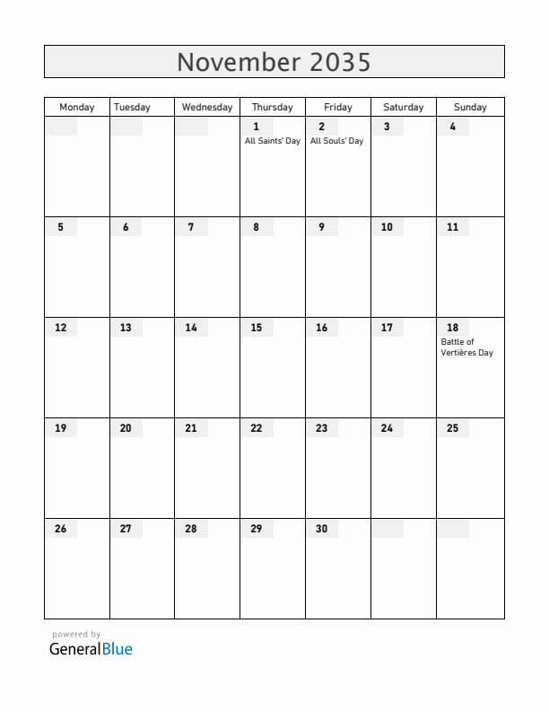 Haiti November 2035 Calendar with Holidays