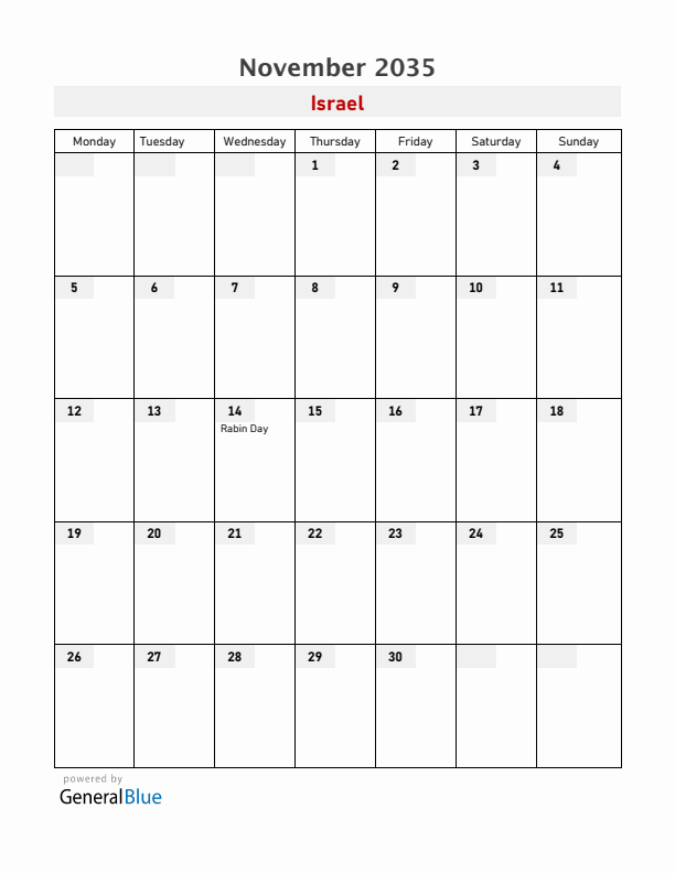 Israel November 2035 Calendar with Holidays