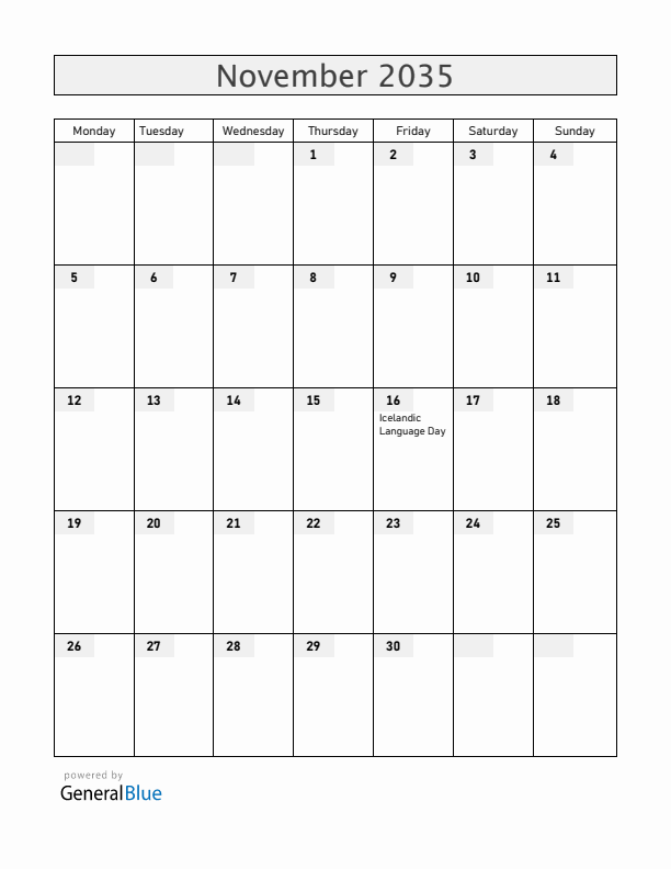 Iceland November 2035 Calendar with Holidays