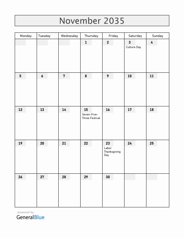 Japan November 2035 Calendar with Holidays