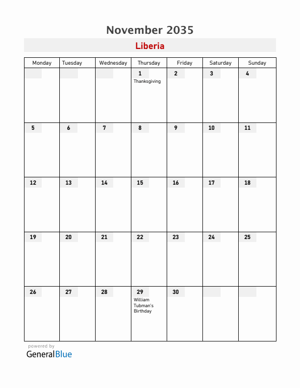 Liberia November 2035 Calendar with Holidays