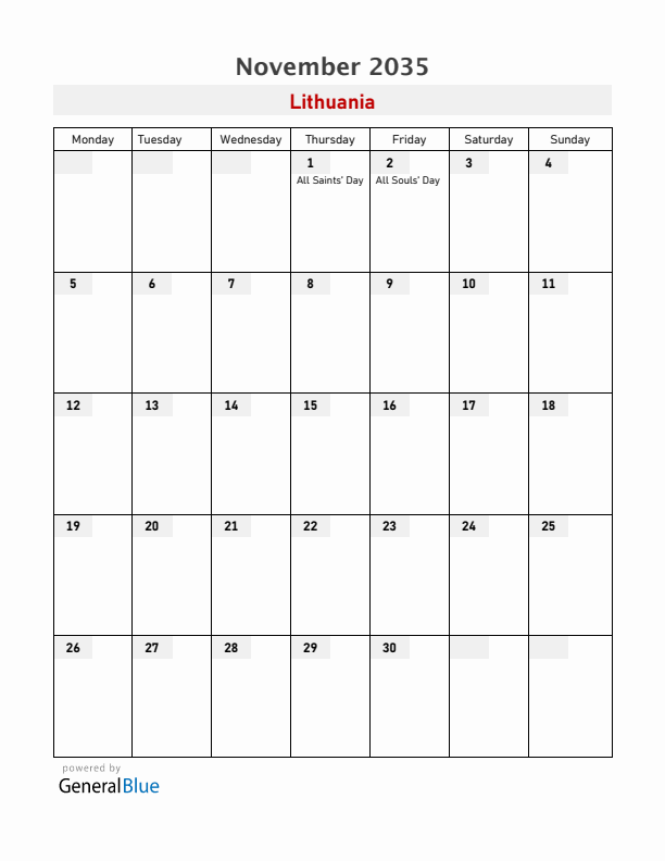 Lithuania November 2035 Calendar with Holidays
