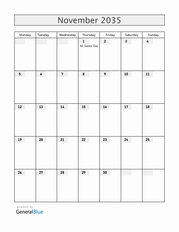 Luxembourg November 2035 Calendar with Holidays