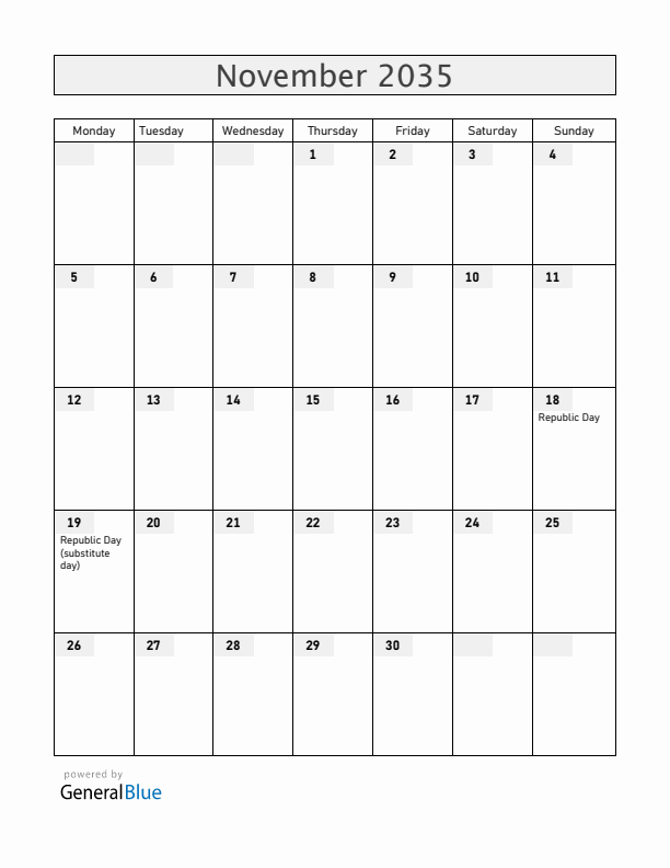 Latvia November 2035 Calendar with Holidays