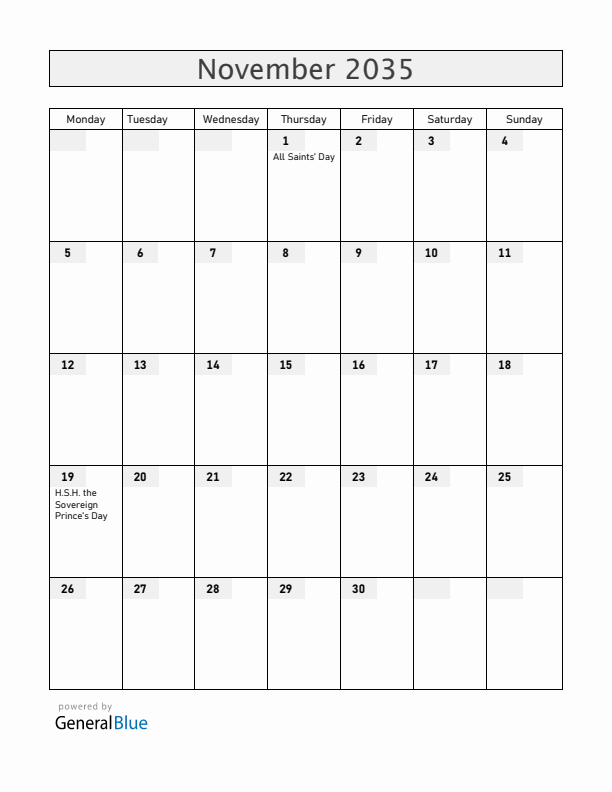 Monaco November 2035 Calendar with Holidays