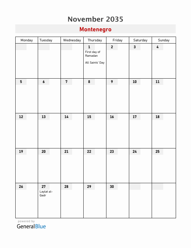 Montenegro November 2035 Calendar with Holidays