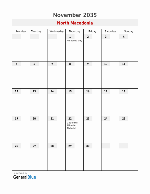 North Macedonia November 2035 Calendar with Holidays
