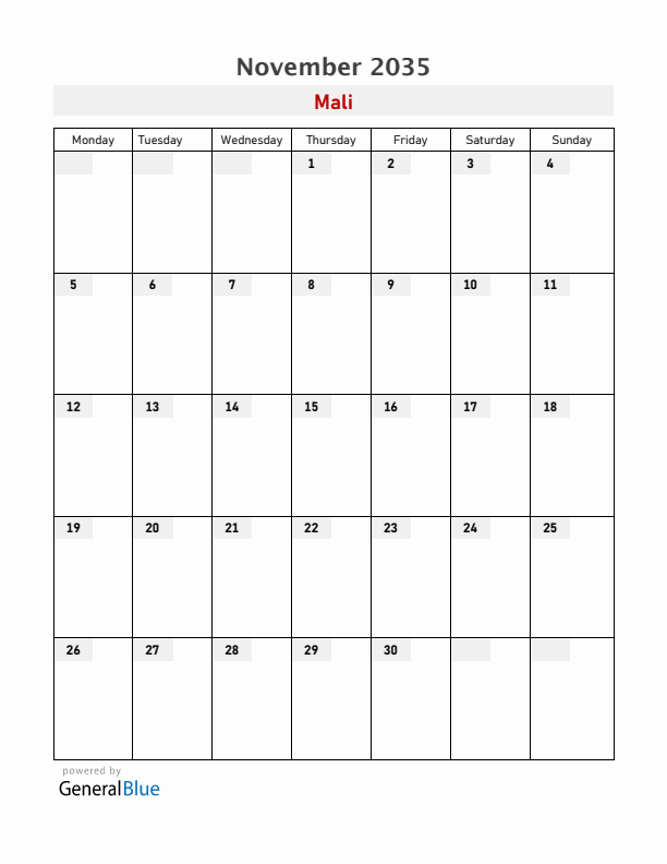 Mali November 2035 Calendar with Holidays