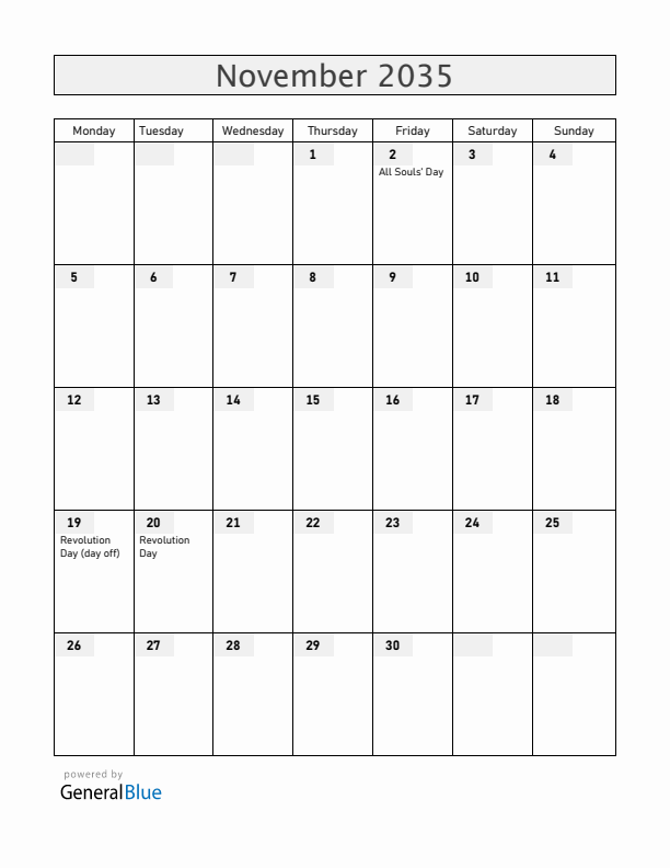 Mexico November 2035 Calendar with Holidays