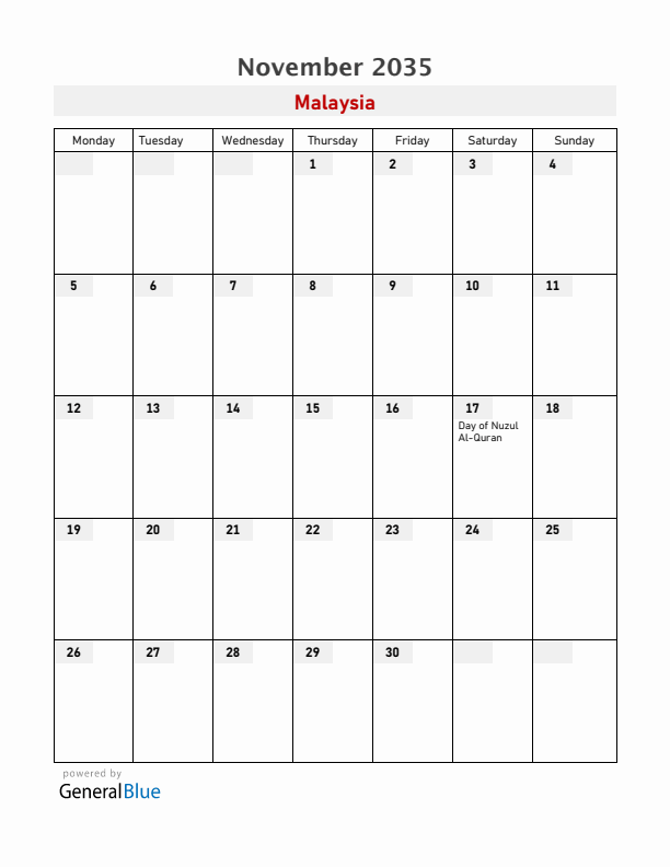 Malaysia November 2035 Calendar with Holidays