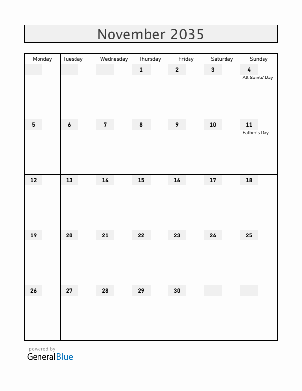 Norway November 2035 Calendar with Holidays