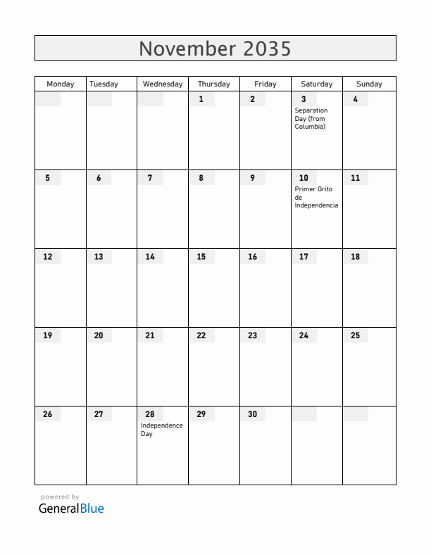 Panama November 2035 Calendar with Holidays