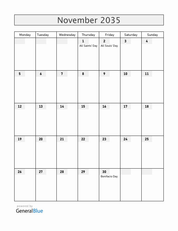 Philippines November 2035 Calendar with Holidays