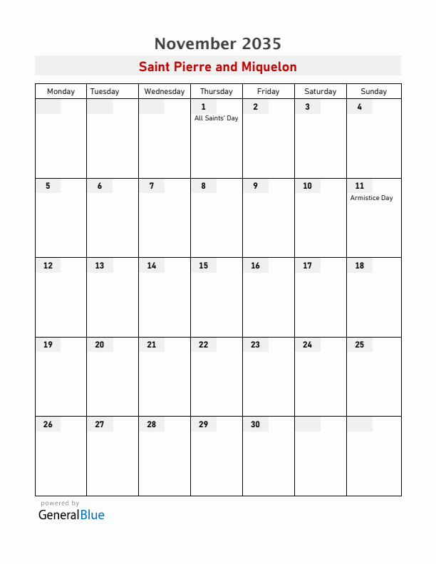 Saint Pierre and Miquelon November 2035 Calendar with Holidays