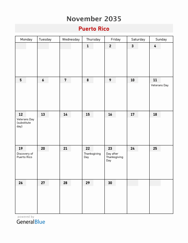 Puerto Rico November 2035 Calendar with Holidays