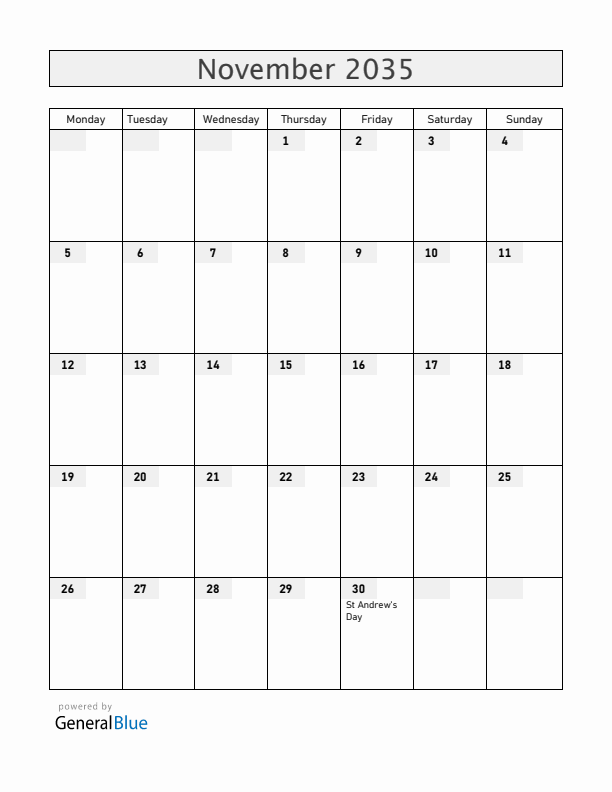 Romania November 2035 Calendar with Holidays