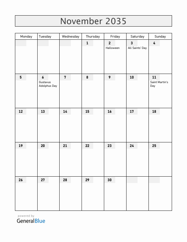 Sweden November 2035 Calendar with Holidays
